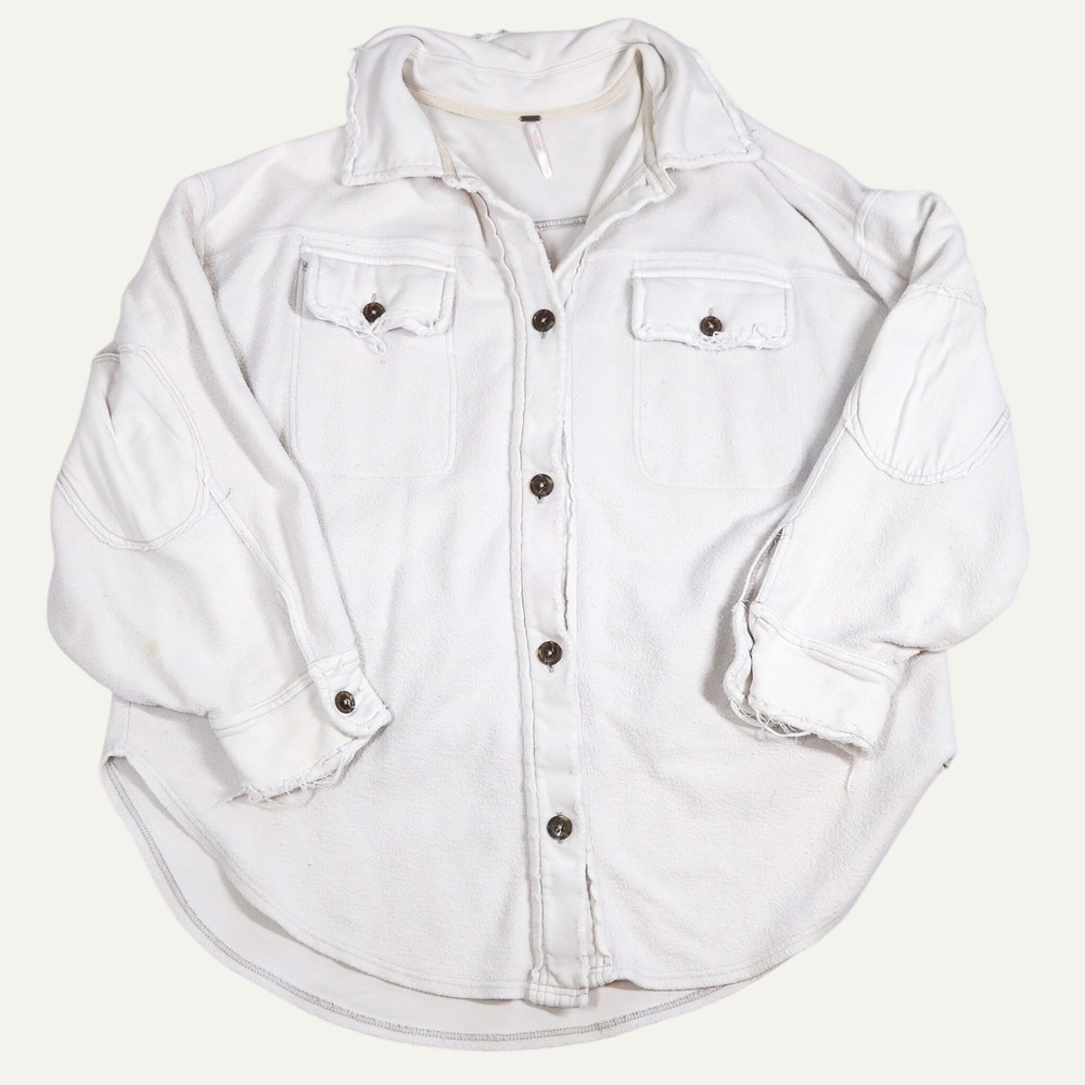 Free People Ruby Jacket Women L White Oversized Reverse Fleece Shacket Raw Hem